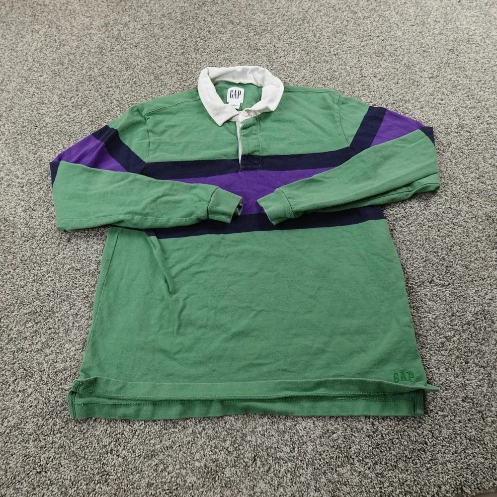 Gap Rugby Shirt‎ Mens S Green Purple Stripe Long Sleeve Polo Casual Preppy Y2K
